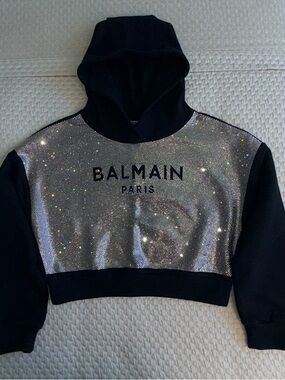 Balmain Kids Black Hoodie with Silver Crystal Front